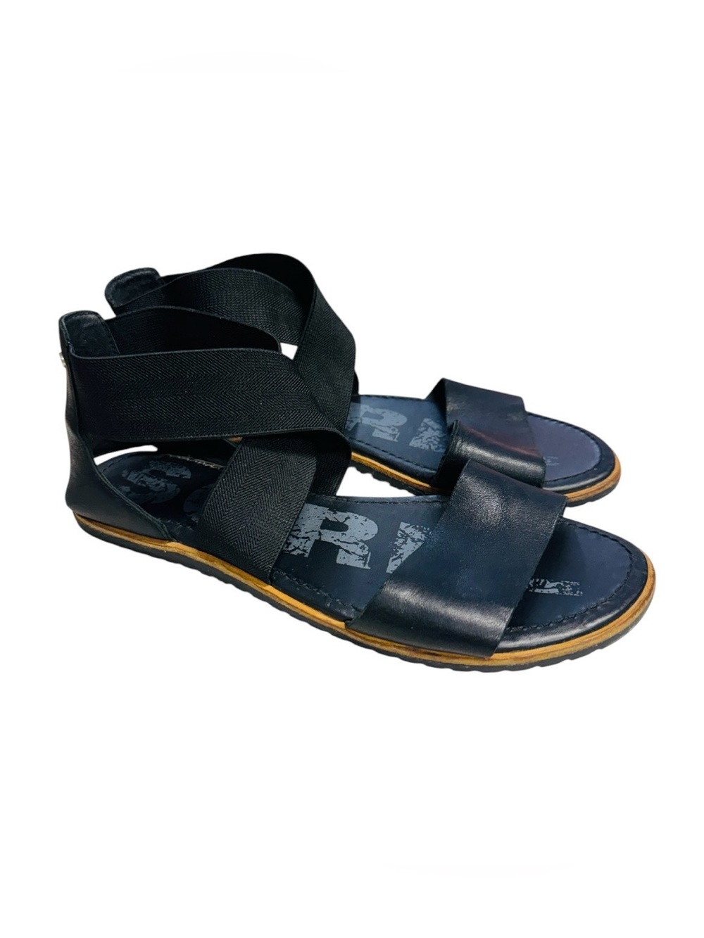 Sorel Ella Women’s Black Leather Slip-On Sandals with Elastic Straps Size 7